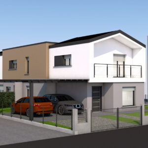 Progetto villa bifamiliare con giardino in fase di completamento