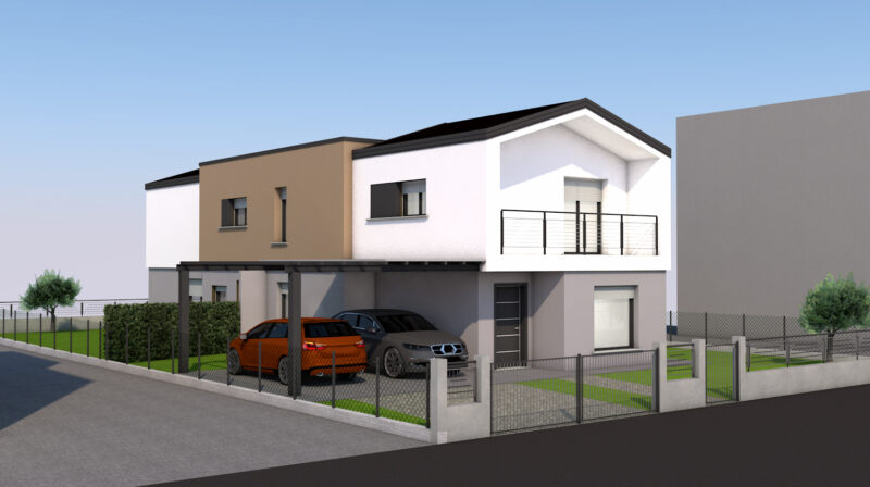 Progetto villa bifamiliare con giardino in fase di completamento