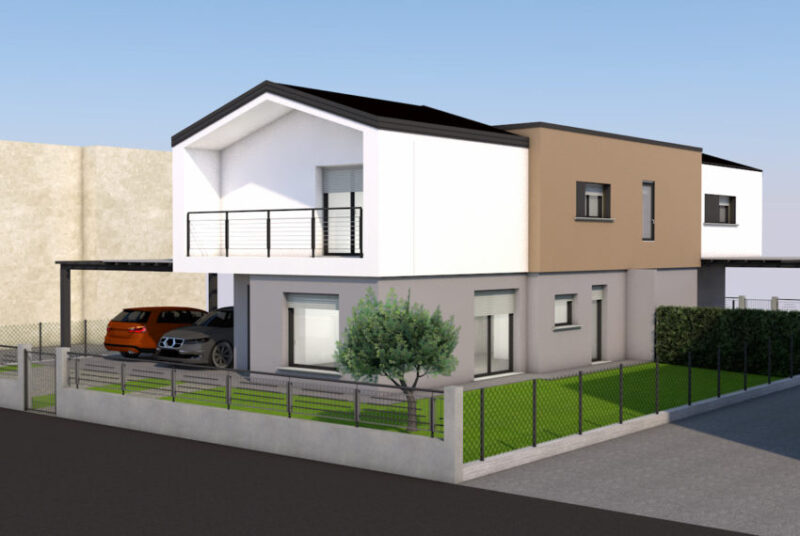 Progetto villa bifamiliare con giardino in fase di completamento