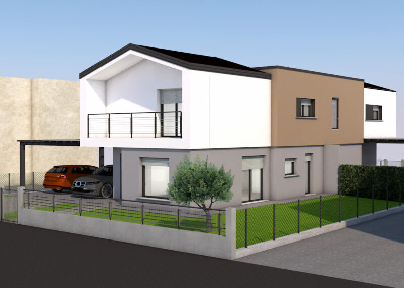 Progetto villa bifamiliare con giardino in fase di completamento
